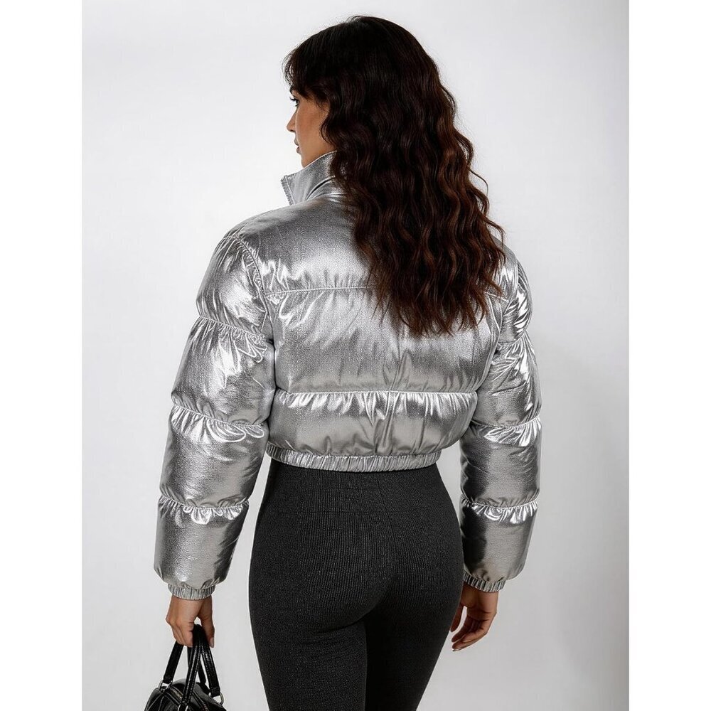Women's Silver Metallic Cropped Zip-up Winter Coat Outerwear Puffer Jacket - Picture 3 of 6